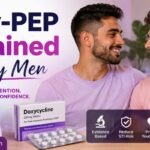Ad banner with two men smiling at each other; bold text reads 'Doxy-PEP Explained For Gay Men' alongside pills, calendar, and a 'Safe Choices' graphic, highlighting STI prevention.