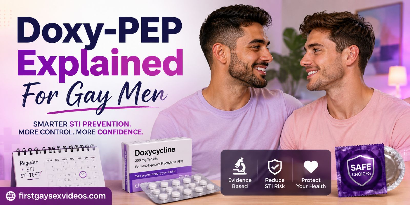 Ad banner with two men smiling at each other; bold text reads 'Doxy-PEP Explained For Gay Men' alongside pills, calendar, and a 'Safe Choices' graphic, highlighting STI prevention.